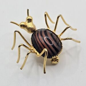Vtg Gold Tone Spider Brooch Pin Striped Glass Cabochon Body Figural MCM Unique